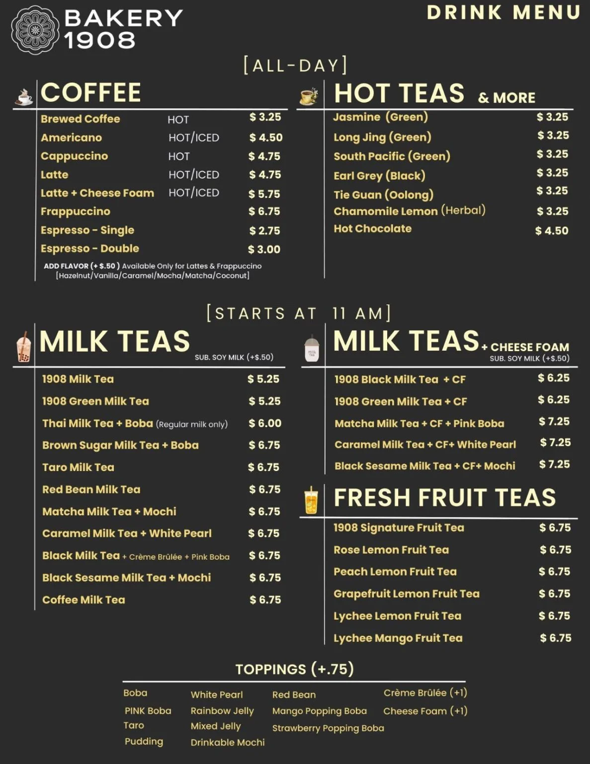 black menu with drink options